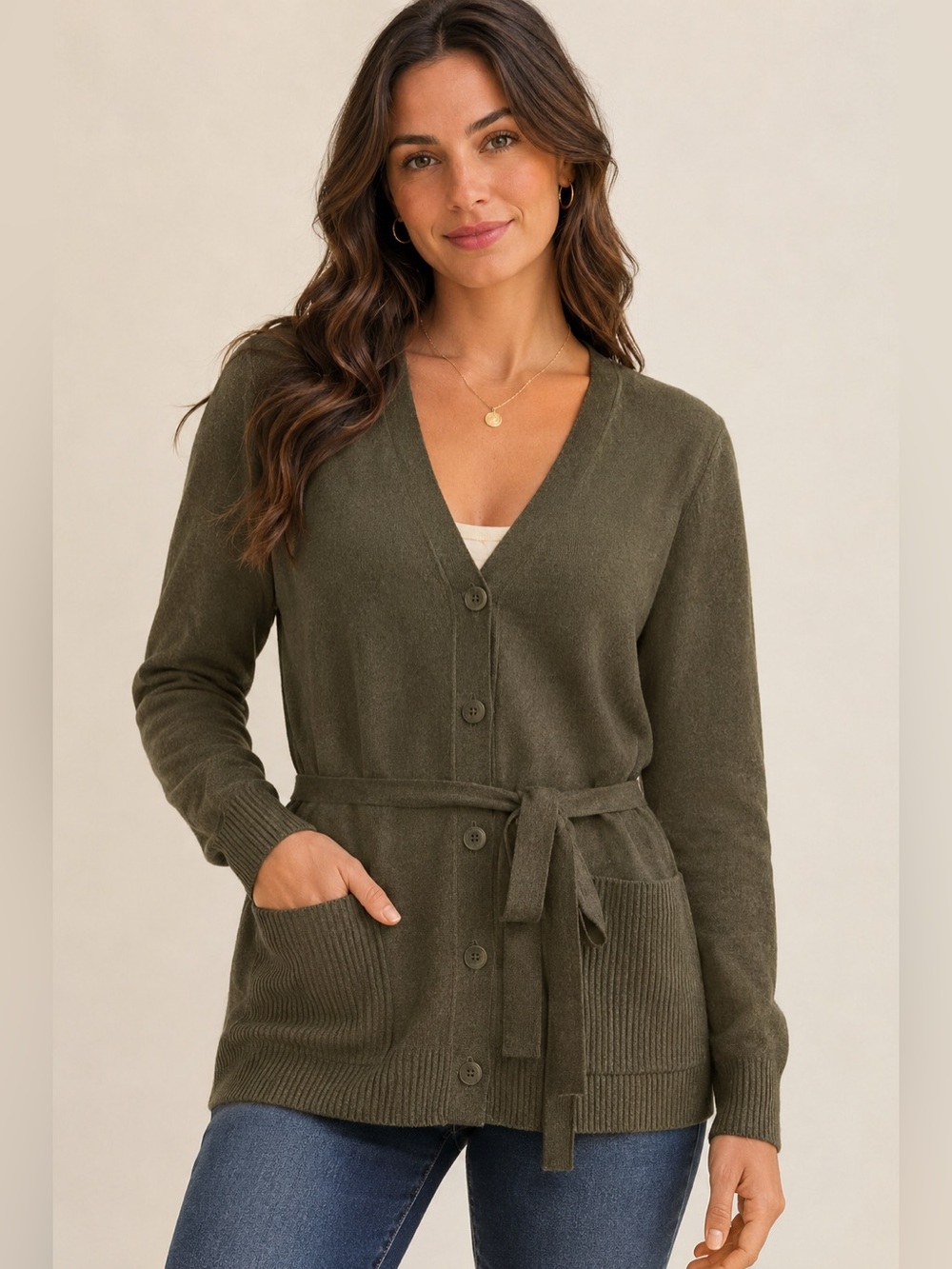 NWT-Splendid Olive Green Belted Knit Cardigan, Earthy Minimalist, Fall Layering